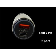 Araç Şarj Cihazı Oto Çakmaklık Pd Şarj Aleti Seti  USB + Pd 2 Port Iphone USB C Kablolu 45 W Qc