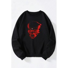 The Wert Red Şeytan Baskılı Kadın/erkek Siyah Bisiklet Yaka Pamuklu Sweatshirt