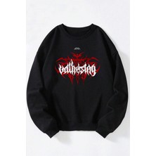 The Wert Skull And Flower Baskılı Kadın/erkek Siyah Bisiklet Yaka Pamuklu Sweatshirt