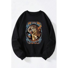 The Wert Metal Kalp Baskılı Kadın/erkek Siyah Bisiklet Yaka Pamuklu Sweatshirt