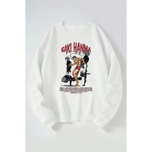 The Wert Baki Hanma Baskılı Kadın/erkek Beyaz Bisiklet Yaka Pamuklu Sweatshirt