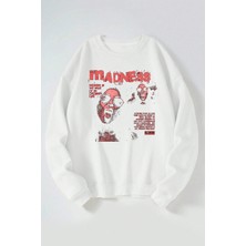 The Wert Madness Baskılı Kadın/erkek Beyaz Bisiklet Yaka Pamuklu Sweatshirt
