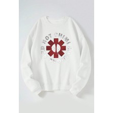 The Wert Red Hot Chımı Changas Baskılı Kadın/erkek Beyaz Bisiklet Yaka Pamuklu Sweatshirt