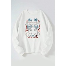 The Wert Westcoast Riders Club Baskılı Kadın/erkek Beyaz Bisiklet Yaka Pamuklu Sweatshirt