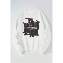 The Wert Spacehunter Baskılı Kadın/erkek Beyaz Bisiklet Yaka Pamuklu Sweatshirt