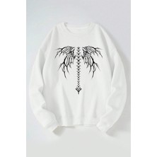 The Wert Kanat Omurga Baskılı Kadın/erkek Beyaz Bisiklet Yaka Pamuklu Sweatshirt
