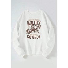 The Wert Wıldly Cowboy Baskılı Kadın/erkek Beyaz Bisiklet Yaka Pamuklu Sweatshirt