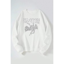 The Wert LED Zeppelin Melek Baskılı Kadın/erkek Beyaz Bisiklet Yaka Pamuklu Sweatshirt