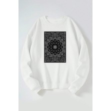 The Wert Gri Halı Desen Baskılı Kadın/erkek Beyaz Bisiklet Yaka Pamuklu Sweatshirt