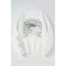 The Wert Destroy Baskılı Kadın/erkek Beyaz Bisiklet Yaka Pamuklu Sweatshirt