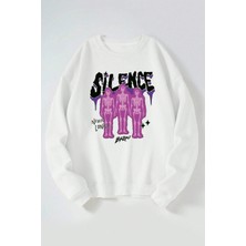 The Wert Silence Brad Baskılı Kadın/erkek Beyaz Bisiklet Yaka Pamuklu Sweatshirt