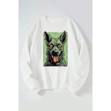 The Wert Yeşil Köpek Baskılı Kadın/erkek Beyaz Bisiklet Yaka Pamuklu Sweatshirt