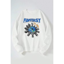 The Wert Fantasy Baskılı Kadın/erkek Beyaz Bisiklet Yaka Pamuklu Sweatshirt