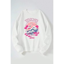 The Wert Tokyo Japon Baskılı Kadın/erkek Beyaz Bisiklet Yaka Pamuklu Sweatshirt