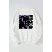 The Wert Watch Dog Baskılı Kadın/erkek Beyaz Bisiklet Yaka Pamuklu Sweatshirt