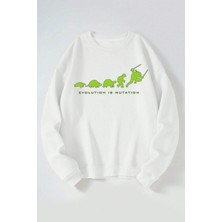 The Wert Evolutıon Is Mutatıon Baskılı Kadın/erkek Beyaz Bisiklet Yaka Pamuklu Sweatshirt