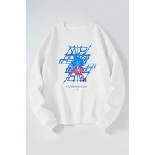 The Wert Düşme Baskılı Kadın/erkek Beyaz Bisiklet Yaka Pamuklu Sweatshirt