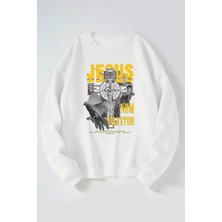 The Wert Jesus Salvator Baskılı Kadın/erkek Beyaz Bisiklet Yaka Pamuklu Sweatshirt