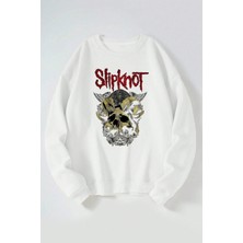 The Wert Slipknot Duality Baskılı Kadın/erkek Beyaz Bisiklet Yaka Pamuklu Sweatshirt