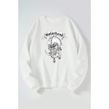 The Wert Motor Head Baskılı Kadın/erkek Beyaz Bisiklet Yaka Pamuklu Sweatshirt
