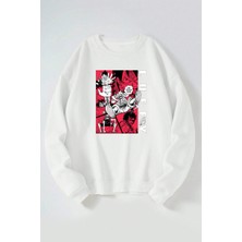 The Wert One Piece Luffy Baskılı Kadın/erkek Beyaz Bisiklet Yaka Pamuklu Sweatshirt
