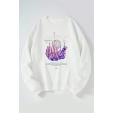 The Wert Doymate Baskılı Kadın/erkek Beyaz Bisiklet Yaka Pamuklu Sweatshirt