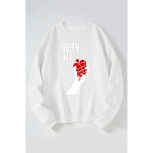 The Wert Green Day Baskılı Kadın/erkek Beyaz Bisiklet Yaka Pamuklu Sweatshirt