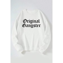 The Wert Original Gangster Baskılı Kadın/erkek Beyaz Bisiklet Yaka Pamuklu Sweatshirt