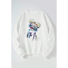 The Wert Renkli Kurbağ Baskılı Kadın/erkek Beyaz Bisiklet Yaka Pamuklu Sweatshirt