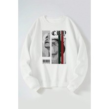 The Wert Göz Yaşları Baskılı Kadın/erkek Beyaz Bisiklet Yaka Pamuklu Sweatshirt