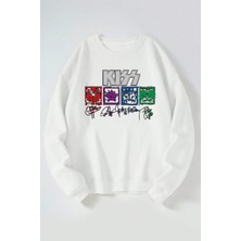 The Wert Kıss Imza Baskılı Kadın/erkek Beyaz Bisiklet Yaka Pamuklu Sweatshirt