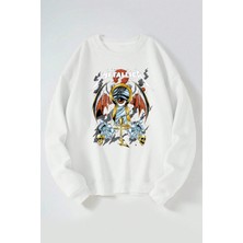 The Wert Metallica Kapı Deliği Baskılı Kadın/erkek Beyaz Bisiklet Yaka Pamuklu Sweatshirt