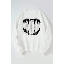 The Wert Savage Baskılı Kadın/erkek Beyaz Bisiklet Yaka Pamuklu Sweatshirt