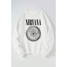 The Wert Nirvana Westıbule Baskılı Kadın/erkek Beyaz Bisiklet Yaka Pamuklu Sweatshirt