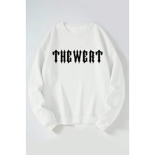 The Wert Thewert Yazı Baskılı Kadın/erkek Beyaz Bisiklet Yaka Pamuklu Sweatshirt