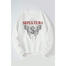 The Wert Sepultura Şeytan Baskılı Kadın/erkek Beyaz Bisiklet Yaka Pamuklu Sweatshirt