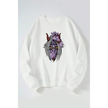 The Wert Bıçaklı Şeytan Baskılı Kadın/erkek Beyaz Bisiklet Yaka Pamuklu Sweatshirt