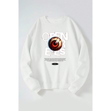 The Wert Open Your Eyes Baskılı Kadın/erkek Beyaz Bisiklet Yaka Pamuklu Sweatshirt