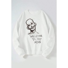 The Wert Welcome To My Mınd Baskılı Kadın/erkek Beyaz Bisiklet Yaka Pamuklu Sweatshirt