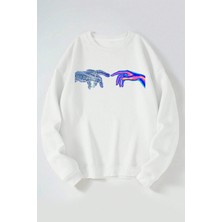 The Wert Dokunma Baskılı Kadın/erkek Beyaz Bisiklet Yaka Pamuklu Sweatshirt