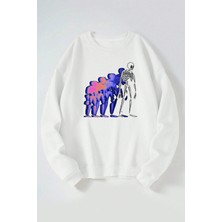 The Wert Iskelet Adam Baskılı Kadın/erkek Beyaz Bisiklet Yaka Pamuklu Sweatshirt