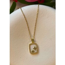 Çelik Pembe Taşlı Gold Kolye