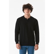 FullaModa Erkek Fitilli Polo Yaka Triko Kazak Uzun Kol Siyah Renk 70 cm Boy