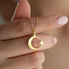 Vetro Silver Altın Kaplama Ay Yıldız 925 Ayar Gümüş Kolye