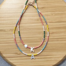 M Tarzı No.2 Boyutu Kolye Renkli Kristal Boncuk Kolye Moda Kabuk Mektup Kolye Adı Gerdanlık Kadın Gökkuşağı Boyun Aksesuarları Takı (Yurt Dışından)