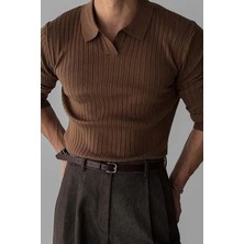 Cool Tarz Koyu Kahve Erkek Polo Yaka Fitilli Triko Kazak