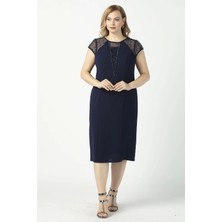 1279 Kare Baklava Desenli Kısa Büyük Beden Abiye Elbise Lacivert