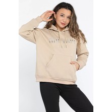 Gülseli Kadın Taşlı Kapüşonlu Şardonlu Sweatshirt