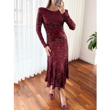 Kadın Pullu Gül Aksesuarlı Midi Bordo Elbise