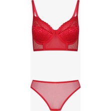 Koza İç Giyim Kadın Dolgusuz Kırmızı Leopar Desenli Tüllü Büstiyer Takım